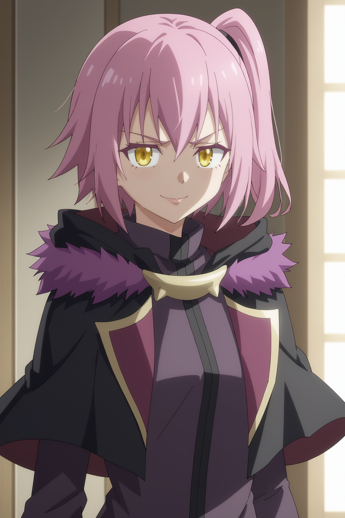 score_9, score_8_up, score_7_up, source anime, prefect lighting, very aesthetic, BREAK, anime coloring, anime screencap,
<lora:ultima_tensei_shitara_slime_datta_ken_v2-pdv6:0.9>, 1girl, ultima \(tensei shitara slime datta ken\), yellow eyes, pink hair, short hair, side ponytail,
ultimout, black capelet, long sleeves, cape,  
BREAK, looking at viewer, light smile, upper body, 
BREAK,