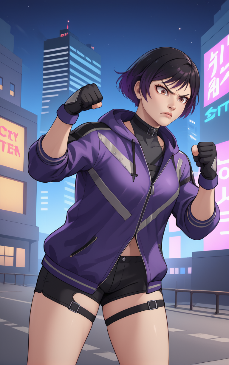 Reina,black and purple jacket,black gloves,
shorts, clenched hand,  raised fist, 
night,city square,<lora:ReinaM:0.8>,