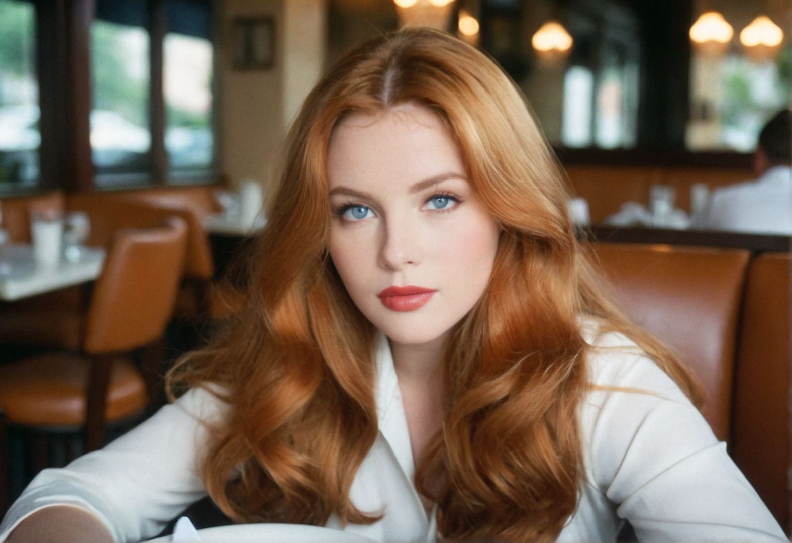 ((CinematicPortrait analog photo)) ginger woman indoors, lipstick, blue eyes, glossy  lipstick, (restaurant), ((soft focus, depth of field, film grain, looking at viewer)) <lora:CinematicPortraitXL_v3:0.65>