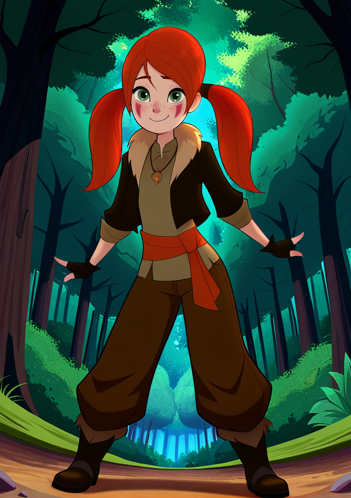 handsfree, masterpiece, best quality, amazing quality, very aesthetic, 1girl, looking at viewer, smile, dynamic pose, outdoors, forest, dynamic angle, 
<lora:Catalina_Schnitz_Red_-_Tangled_-_Illustrious:1> catalina_illus, green eyes, facial mark, freckles, red hair, twintails, necklace, fingerless gloves, boots
