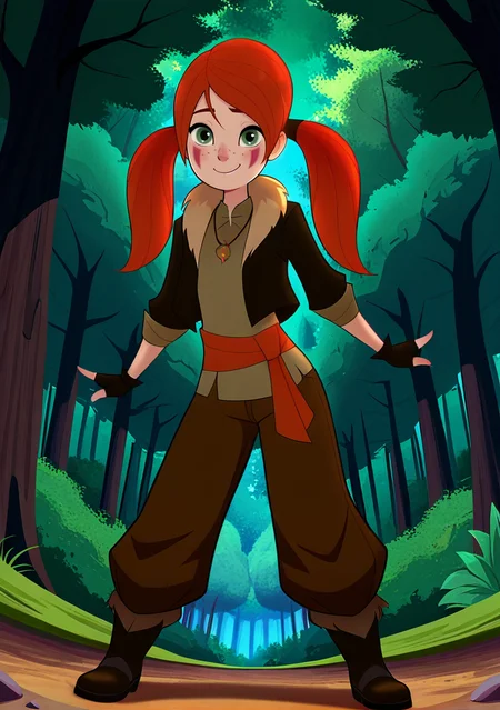 handsfree, masterpiece, best quality, amazing quality, very aesthetic, 1girl, looking at viewer, smile, dynamic pose, outdoors, forest, dynamic angle, 
<lora:Catalina_Schnitz_Red_-_Tangled_-_Illustrious:1> catalina_illus, green eyes, facial mark, freckles, red hair, twintails, necklace, fingerless gloves, boots