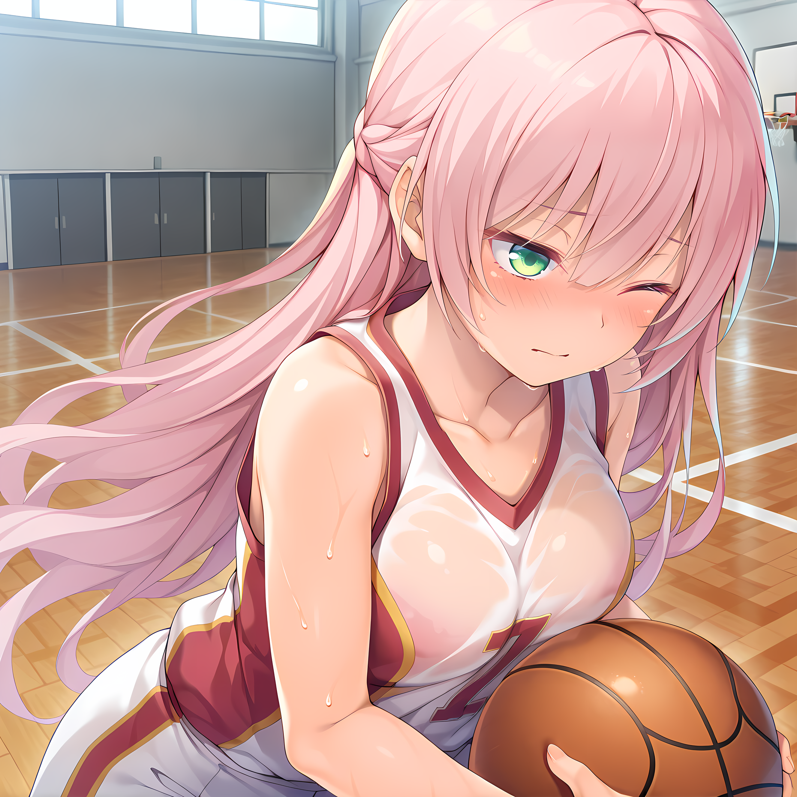 <lora:Terese_Elminaãã¬ãµã¨ã«ããã¢_-_Escude_-_Hime_to_Aiyoku_no_Sacrifice:0.8>,solo,terese,pink hair,long hair,bangs,hair between eyes,green eyes,hair blown back,sweat,cut,wince,see-through basketball uniform,holding basketball,blush,looking away,sweat,basketball court,indoors,, masterpiece,best quality,amazing quality, very aesthetic, absurdres,detailed eyes,ultra-detailed,