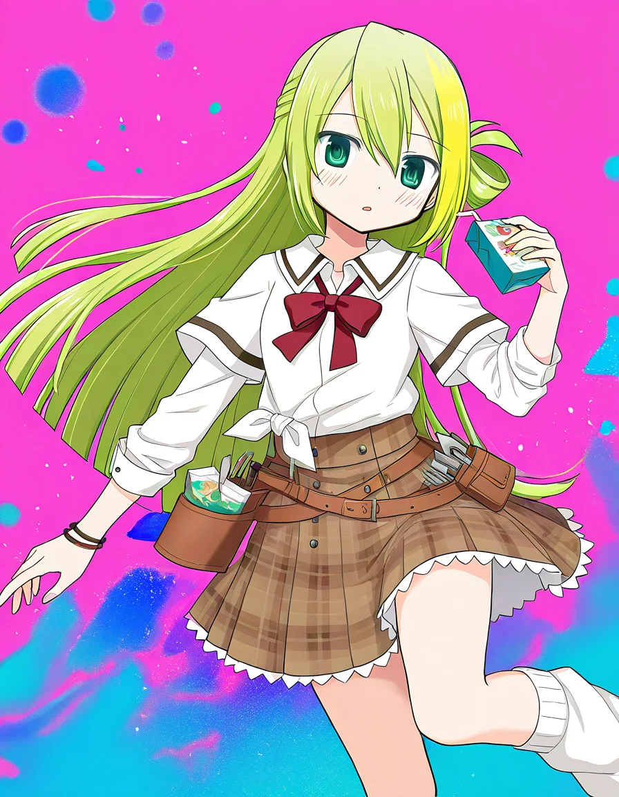 masterpiece, best quality, newest, absurdres, highres, safe, 1girl, alina gray \(school uniform\), magia record: mahou shoujo madoka magica gaiden, white sleeves, tool belt, solo, juice box, abstract, pink background, dutch angle, <lora:alina_gray_noobaiXLNAIXL_vPred10Version:0.7>