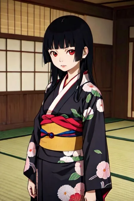 enma_ai short yukata obi, black hair, long hair, indoors, cowboy shot, kimono