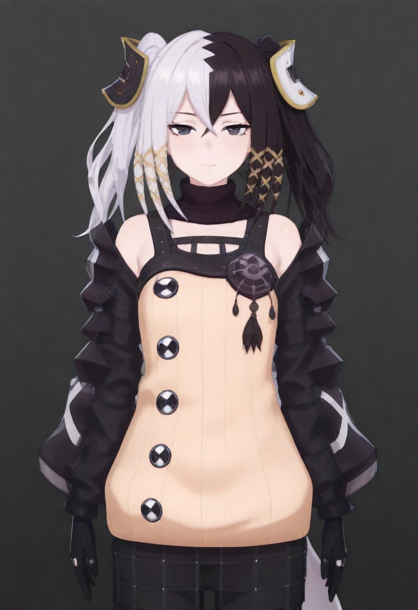masterpiece, best quality, amazing quality,,, shiny skin,,,,,,<lora:Zesshi_Zetsumei:1> Z3ssh1Z3ts0m31, white hair, multicolored hair, black hair, long hair, two-tone hair, black eyes, gloves, jewelry, black gloves, hair ornament, skirt, pantyhose, ribbon,
