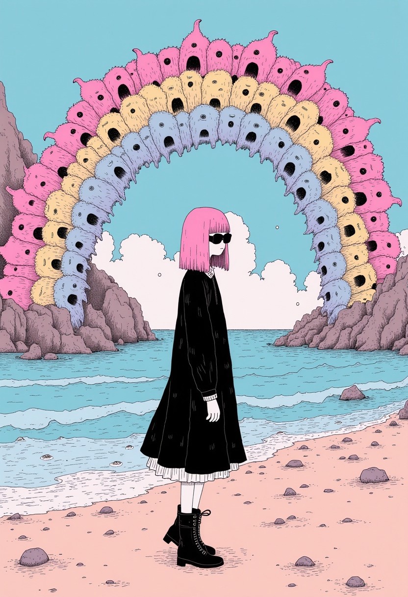 cr33p, wide shot of a ultra cool mysterious goth girl with pink hair wearing black sunglasses, walking along the beach, a rainbow above her made of creepy monsters, gentle pastel colors