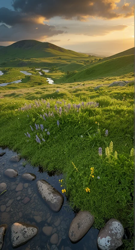 (no human:1.18), (scenic open landscape:1.32) view over (rolling hills overlooking (a serene (narrow lake:1.26) at dawn or dusk for a dramatic sky) and reflection in a vast scenic landscape photography,
(narrow:1.26) stream, Streamside stones, rounded pebbles, Mountain wildflowers: lupines, gentians, Lush meadow: clover, buttercups (Late morning shadows, trees casting dappled patterns, leaf, grass, dew drops),
, p4<lora:sdxl\Hyper_Realism_Pony_XL.safetensors:0.85:0.18>
p4,s1