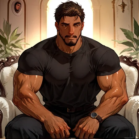 <lora:Mahing__White_moss:.7>, Mahing, brown eyes, mustache, Dark skin,
cowboy shot, sitting,
(very short hair), male focus, muscular male, bara, mature, (glossy skin, bara, mature, facial hair,), facial hair, bara, mature,  aixiwuganda_(20222192), very awa, masterpiece, best quality, absurdres, newest, perfect quality, detailed background, intricate details,<lora:slider_Body Type_alpha1.0_rank4_noxattn_last:1><lora:Anime Summer Days 2 Style SDXL_LoRA_Pony Diffusion V6 XL:.6> <lora:slider_cfg_scale_boost:.7><lora:Artist6p:.55>, Artist6p, Artist04p,<lora:slider_il_brightness_slider_d1:-.5><lora:slider_il_contrast_slider_d1:-.5>,<lora:slider_contract_controller_illus01_v1:.3>,<lora:slider_DarkSlider1.2_alpha1.0_rank16_full_300steps:-.3><lora:Heavenly_Beauty_r1:1>, (heavenlybeauty,)<lora:slider_style_strength_controller_illus01_v1:.25>