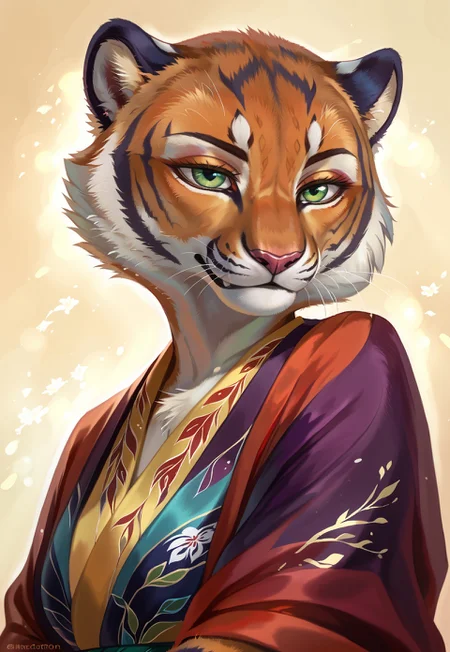 Artistic style,  highres, super high resolution, 8k, furry, anthro, `anthro female tiger, elegant minimalist style, close-up portrait, wearing a simple but exquisite silk kimono in deep indigo with white tiger stripe motif, serene expression, piercing green eyes, single white orchid in her hair, soft focus background of a tranquil zen garden, warm sunset glow, highly detailed fur (especially around face), clean lines, sophisticated calm, digital art, trending on ArtStation`