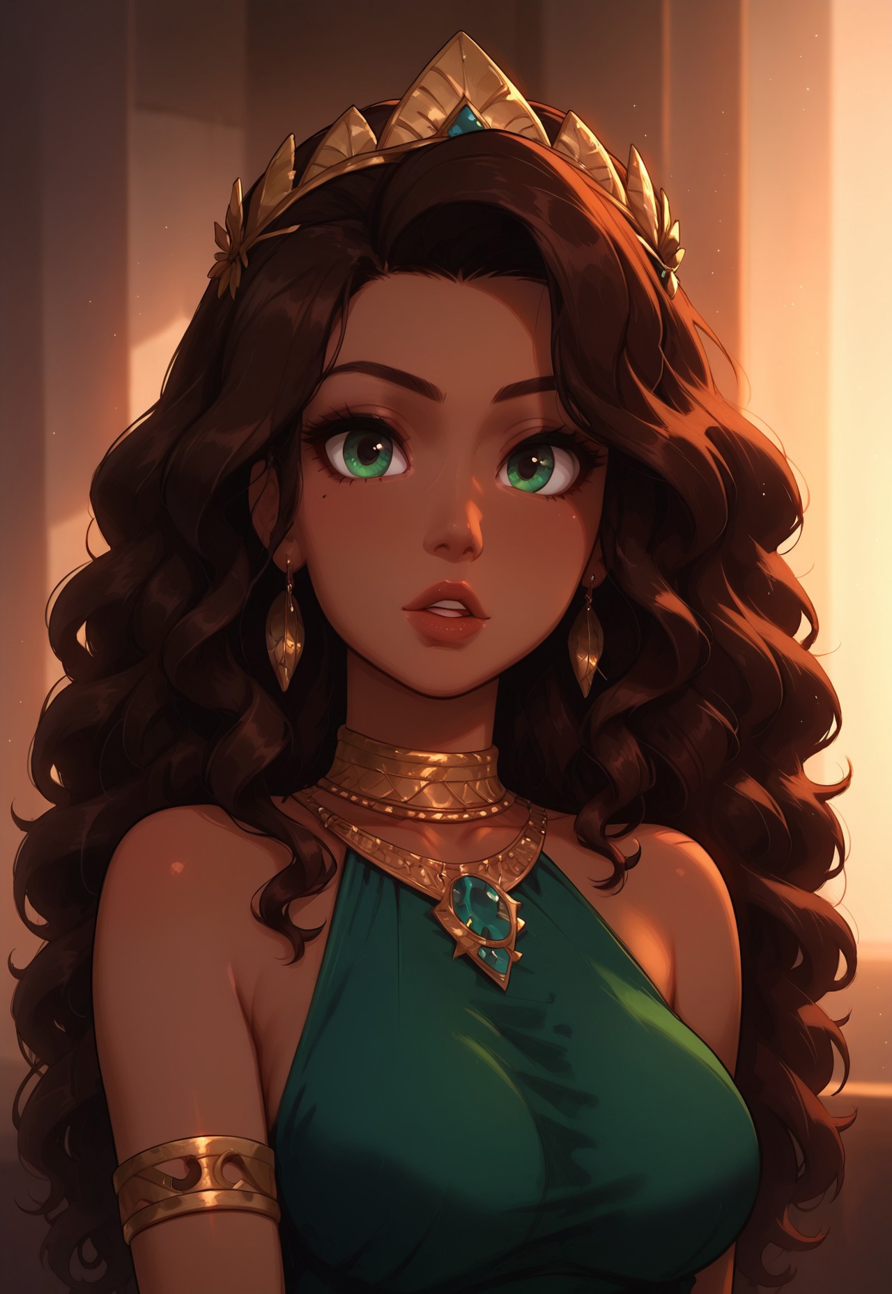 safe_pos, high detail, Smooth, sharp lines, score_9_up, score_8_up, detailed, masterpiece, super cute style, 1girl, solo, long hair, breasts, looking at viewer, brown hair, dress, bare shoulders, jewelry, green eyes, upper body, earrings, parted lips, indoors, necklace, lips, wavy hair, armlet, curly hair, green dress, nose, laurel crown, (dark skin, brown skin)