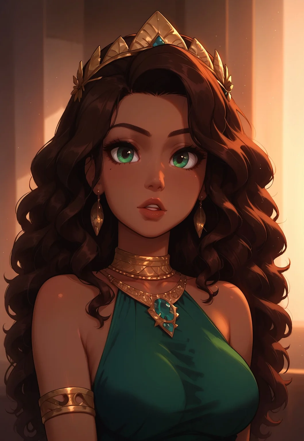 safe_pos, high detail, Smooth, sharp lines, score_9_up, score_8_up, detailed, masterpiece, super cute style, 1girl, solo, long hair, breasts, looking at viewer, brown hair, dress, bare shoulders, jewelry, green eyes, upper body, earrings, parted lips, indoors, necklace, lips, wavy hair, armlet, curly hair, green dress, nose, laurel crown, (dark skin, brown skin)