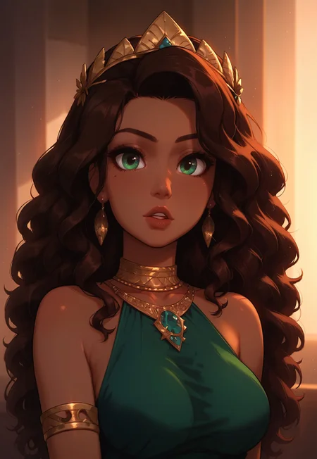 safe_pos, high detail, Smooth, sharp lines, score_9_up, score_8_up, detailed, masterpiece, super cute style, 1girl, solo, long hair, breasts, looking at viewer, brown hair, dress, bare shoulders, jewelry, green eyes, upper body, earrings, parted lips, indoors, necklace, lips, wavy hair, armlet, curly hair, green dress, nose, laurel crown, (dark skin, brown skin)