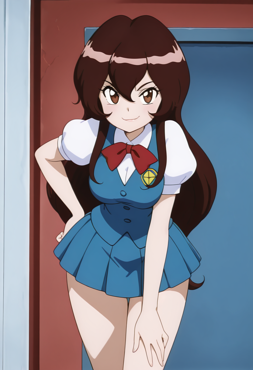 masterpiece, best quality, solo, curvy, beautiful eyes, aged up, large breasts, wide hips, narrow waist, 1girl, solo, smile, looking at viewer, zzGiselle, brown eyes, hair between eyes, brown hair, long hair,   red bowtie, puffy short sleeves, blue vest, buttons, blue skirt, smug,  <lora:GisellePokemon_IXL:1.0>,     , smile, looking at viewer, cowboy shot, leaning forward, smug, aged up, <<lora:MantisIXL_v2:0.8>,