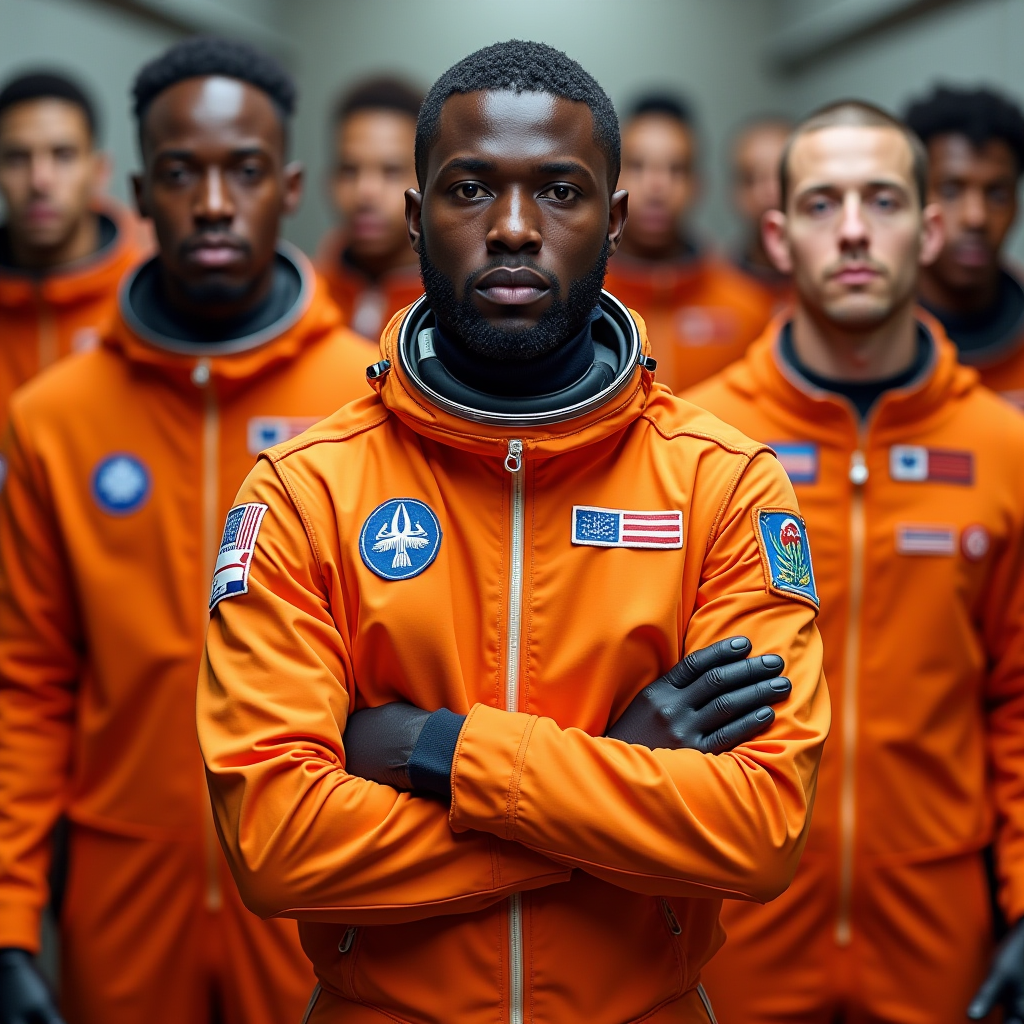 Hyperrealistic art  <lora:perfection style v1:1> sharp focus, detailed edges, 
A perfect photo of a group of men in orange space suits,looking at viewer,short hair,brown hair,black hair,gloves,standing,multiple boys,dark skin,facial hair,dark-skinned male,helmet,own hands together,beard,science fiction,6+boys,realistic,pilot suit,bald,very short hair,spacesuit,buzz cut,astronaut , detailed face, detailed body, detailed hands, detailed eyes, detailed nose, detailed ears, detailed hair, detailed, perfection, detailed teeth, detailed skin texture, wrinkly, detailed fingers, detailed mouth, beauty, realism, real, detailed hair, detailed pores, detailed background, sharp image, detailed lips, different race, different color, different haircut, different skin tone, different, different people, different pose, perfection style . Extremely high-resolution details, photographic, realism pushed to extreme, fine texture, incredibly lifelike