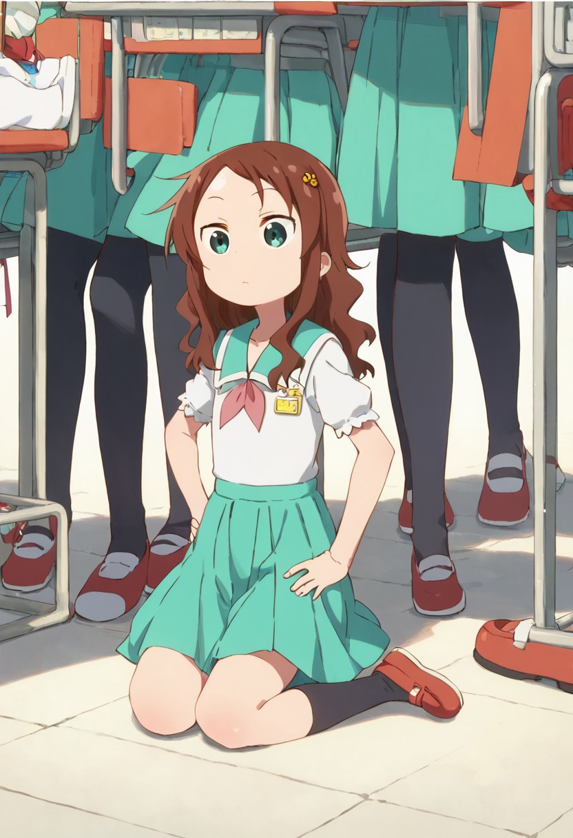 rikos, saisch, long hair, green skirt, brown hair, hair ornament, green eyes, flower, hair flower, school uniform, shoes, socks, uwabaki,  thighhighs,    sitting,   score_9, score_8_up, score_7_up, ,source_anime, best quality, masterpiece,   , full body view,  1girl , solo , girl focus , hands on hips,