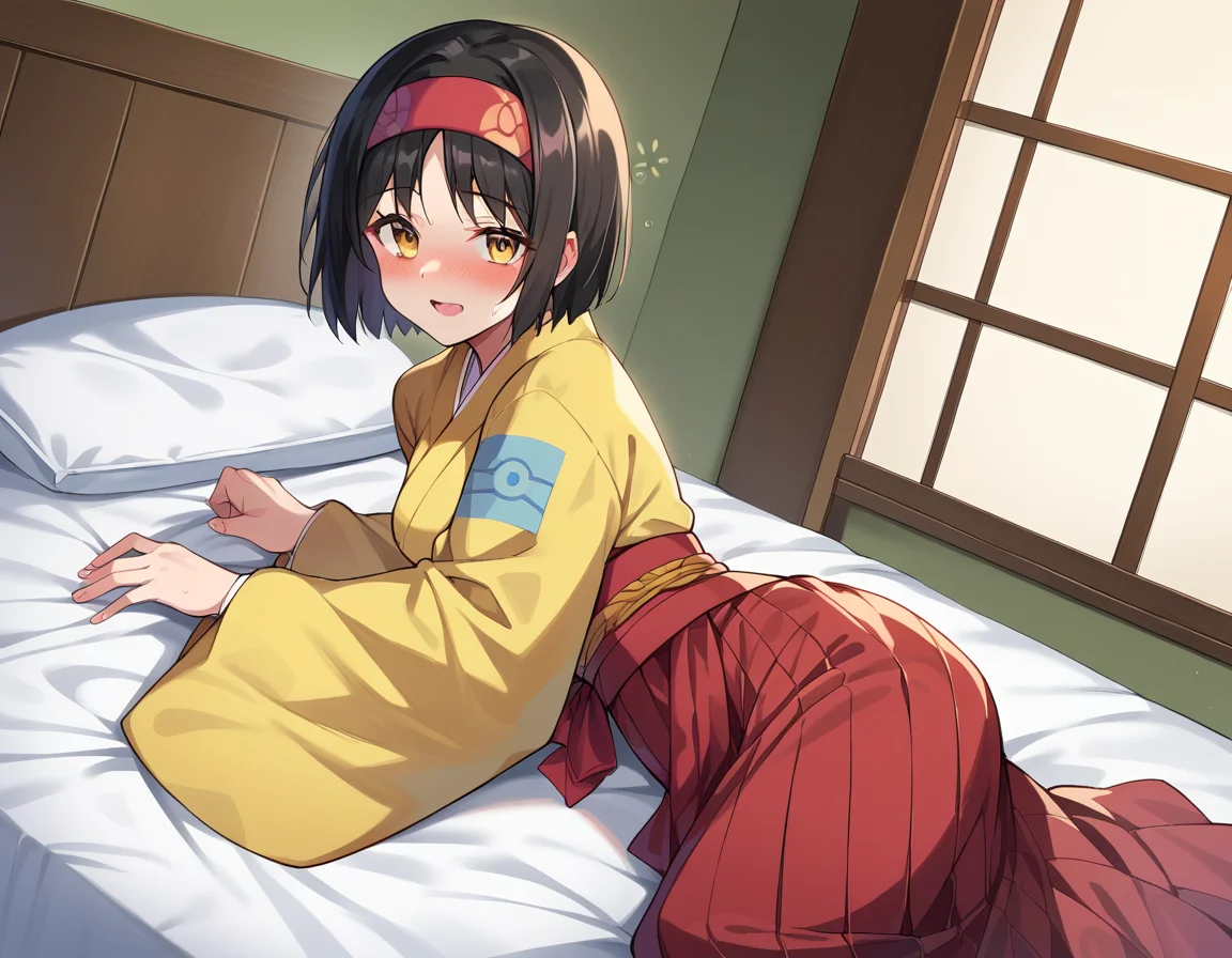 score_9, score_8_up, score_7_up, source_anime,
pokemonerika, <lora:pokemon-erika-ponyxl-lora-nochekaiser:1>
pokemonerika, yellow eyes, black hair, headband, short hair,
japanese clothes, kimono, hakama, red hakama, long sleeves, wide sleeves,
indoors, bed, bed room, on side, blush, drunk,
looking at viewer, cowboy shot, dutch angle,