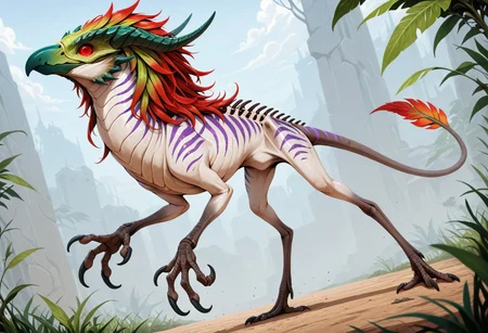 masterpiece, best quality, amazing quality, highres, absurdres, ((short stature, tiny legs, very short legs, thin legs, no neck, fat body, body low to ground, rodent physique)), Gaula, plant monster, small, horns, spine, red eyes, scales, claws, beak, gradient hair, white skin, purple stripes, green beak, sharp beak, tail, claws, leaf mane along back, red eyes, red mane, flowerbud-tipped tail, 4 legs, quadruped, claws,
Dutch angle, close up, depth of field,