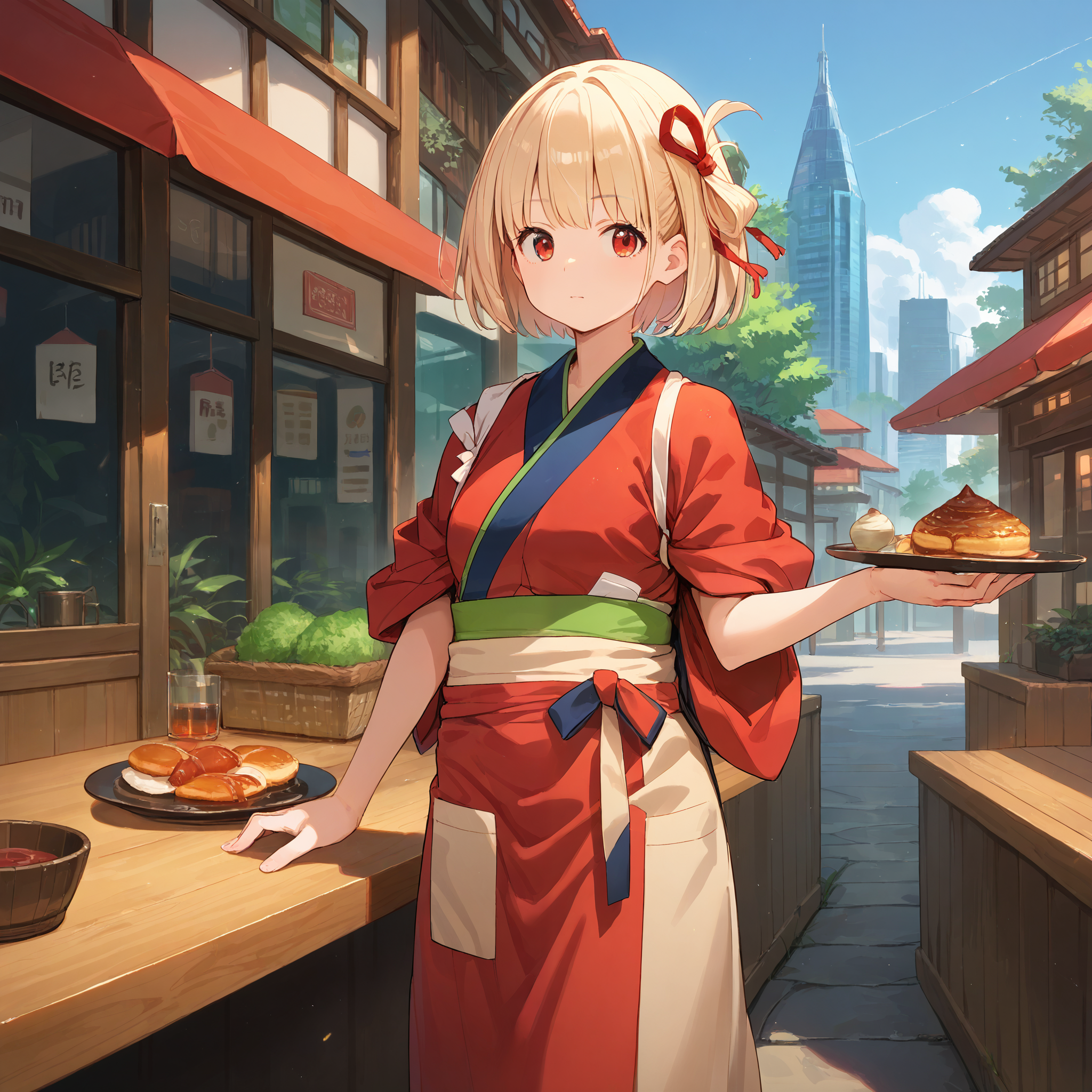 score_9, score_8_up, score_7_up, score_6_up, score_5_up, score_4_up, BREAK source_anime, 1girl, solo, outdoors, city, standing, holding tray, masterpiece, best quality, high detailed skin,   nishikigi chisato, chisato kimono, short hair, blonde hair, hair ribbon, red eyes, japanese clothes, red kimono, blue kimono, red ribbon, apron, tabi,