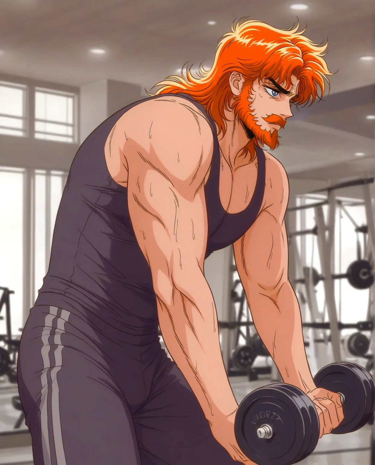 masterpiece, best quality, absurdres, zodikki1, kurumada eyes, kurumada hair, 1boy, solo, male focus, (mature male:1.4), (muscular:1.4), mustache, orange hair, blue eyes, workout clothes, lifting weights, indoors, gym, from the side, aged up