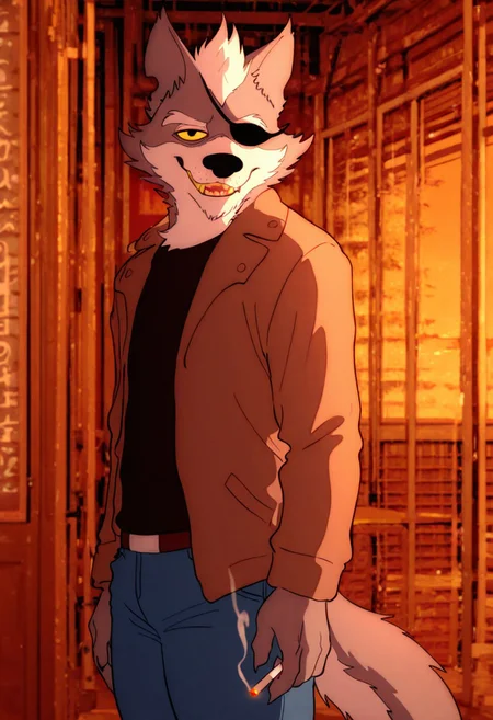 masterpiece, best quality, amazing quality, very aesthetic, absurdres, newest,  high quality, detailed, male, solo male, WolfgangSeamus, broad shoulders, mature male, black eyes, yellow sclera, athletic build, animal ears, wolf, scruffy, anthro male, gray fur, eyepatch on left eye, outdoors, grinning, smoking cigarette, looking at viewer, dim lighting, evening, orange (theme), black shirt, brown jacket, blue jeans, thick thighs, volumetric lighting, outdoor restaurant