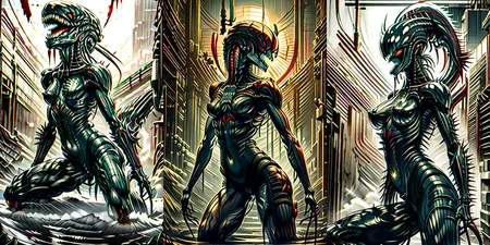 (otherworldly), highly insanely detailed, masterpiece, top quality, best quality, highres, 4k, 8k, RAW photo, (very aesthetic, beautiful and aesthetic),
__lazy-wildcards/cosplay-char/alien-predator/xenomorph/prompts__,
<lora:FemXeno:0.7>,
(1girl:1.3), eyes focus,
__lazy-wildcards/dataset/background__,âââ