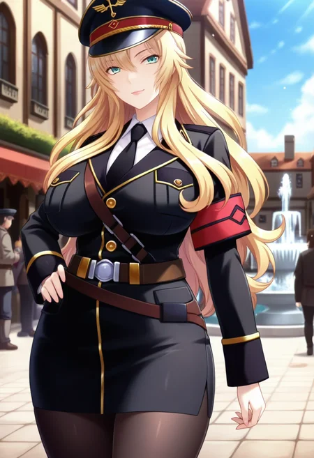 masterpiece, best quality, amazing quality,eliza, green eyes, blonde hair, long hair, mature female, 1girl, solo, military uniform, breasts, black tie, belt, military hat, large breasts, peaked cap,red armband, black pantyhose, black skirt, white shirt, black jacket, closed mouth, light smile, standing, looking at viewer, cowboy shot, town, medieval, building, fountain, blurry background, people, day, blue sky <lora:elizaV1:0.9>