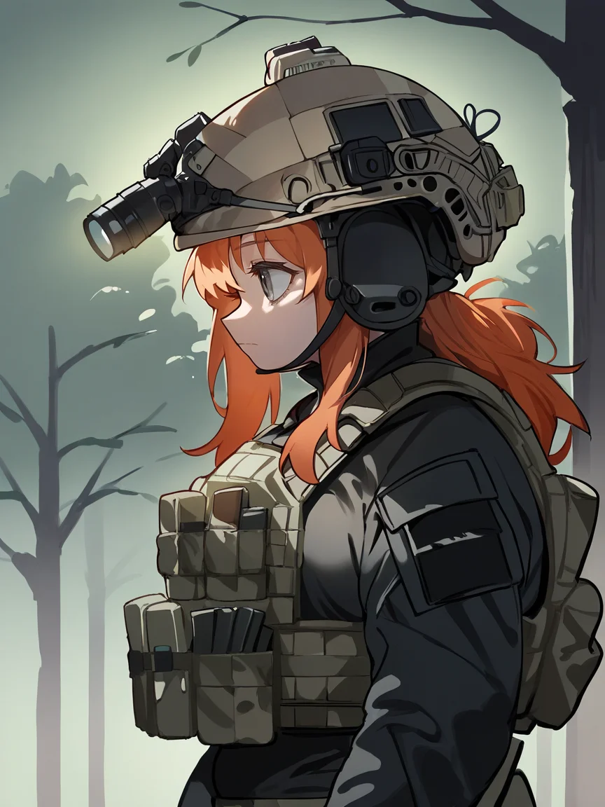 score_9, score_8_up, score_7_up, score_6_up, score_5_up,  tactical clothes, 1girl, ginger hair, solo, helmet, gloves, grey eyes, tactical clothes, jacket, closed mouth, from side, long sleeves, black gloves, load bearing vest, camouflage, upper body, black jacket, binoculars, tree, profile, curvy, plump. long hair,  <lora:tacticalclothesXLP:1>