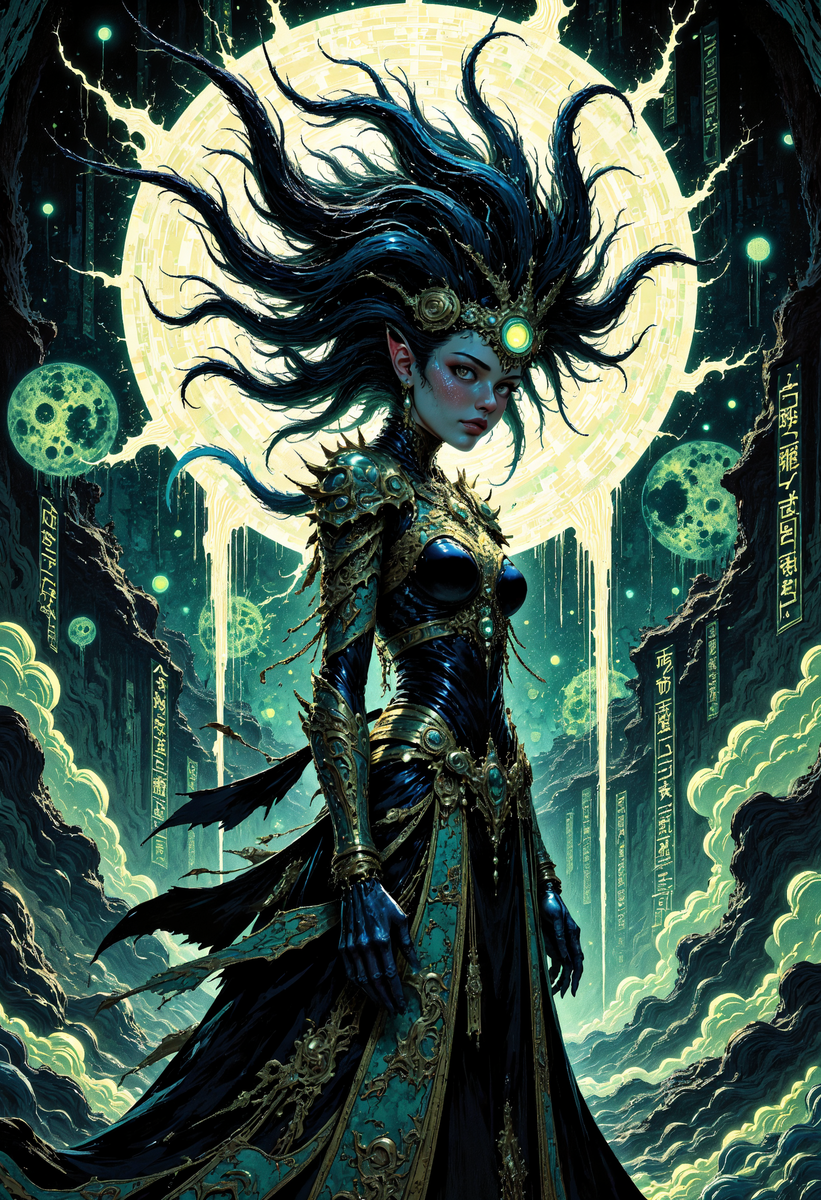 (in Otomo Katsuhiro style:1.2), masterpiece, high-quality, A shadow priestess with tendrils of living darkness flowing from her ornate headdress, Her armor is sleek and sharp etched with runes that faintly pulse like dying embers, She stands in a cavern of obsidian lit only by the eerie glow of ancient glyphs etched into the walls, void magic, living shadows, rune-lit abyss, (Dark fantasy comic style with bold contrasts and textured shading:1.1), (elaborate fine details:1.1), (hyperdetailed:1.1), (intricate details:1.0), (Refined details:1.1), (best quality:1.1), (high resolution:1.2), <lora:FLUX\VividlySurrealV2:1.0>
