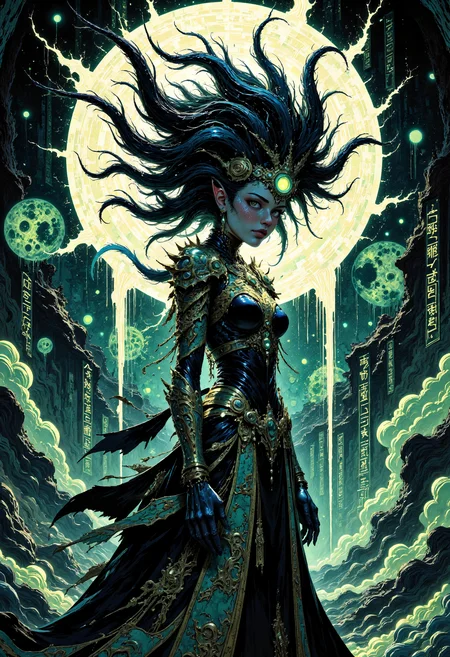 (in Otomo Katsuhiro style:1.2), masterpiece, high-quality, A shadow priestess with tendrils of living darkness flowing from her ornate headdress, Her armor is sleek and sharp etched with runes that faintly pulse like dying embers, She stands in a cavern of obsidian lit only by the eerie glow of ancient glyphs etched into the walls, void magic, living shadows, rune-lit abyss, (Dark fantasy comic style with bold contrasts and textured shading:1.1), (elaborate fine details:1.1), (hyperdetailed:1.1), (intricate details:1.0), (Refined details:1.1), (best quality:1.1), (high resolution:1.2), <lora:FLUX\VividlySurrealV2:1.0>