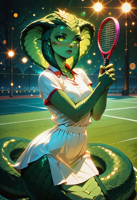 game_cg, highres, newest, masterpiece, best quality, amazing quality, unconventional supreme masterpiece, {{very aesthetic}}, (anime, anime coloring:1.2), BREAK, 
1girl, solo, playing tennis, tennis court, white shirt, white skirt, anthropomorphic_snakes_(naga), scales, green  skin, lamia, bokeh, luminescent background,