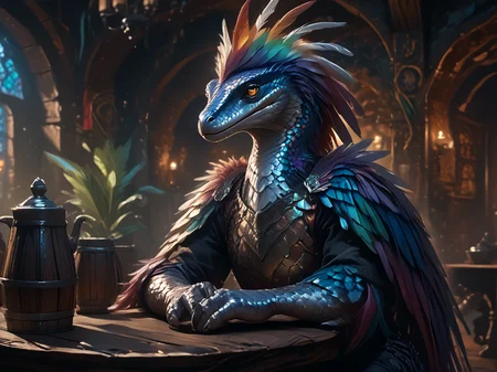 score_9, score_8_up, score_7_up, source_anime, source_western, source_comic BREAK 1girl, raptor girl with mane of feathers sitting at table in fantasy tavern, pale opalescent scales, rainbow feathers, wearing black scale armor <lora:Scales_Feathers_and_Cracks_XL:1.0> scales, feathers <lora:Scale_Armor_r2:0.5> SCLARMR, Scale Armor <lora:Dragon_and_Lizard_babes:0.8> <lora:Raptors_LoRA_v2:0.6> dromaeosaurid, feathered dinosaur <lora:Pride_Before_The_Fall_Rainbows:1> prideb4fall <lora:vivid_everclear:0.6>