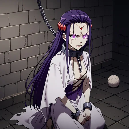 zPDXL3, score_9_up, score_8_up, score_7_up, (Anime_source), 1girl, standing, looking at viewer, angry, QueenGizelotte, purple eyes, purple hair, very long hair, white rags, white cloth, long rags, slave, ripped clothes, ball and chain restraint, bdsm, chain, chained, collar, cuffs, metal collar, restrained, shackles, crying, kneeling, glowing eyes, sinozick style, flat color, dark theme,