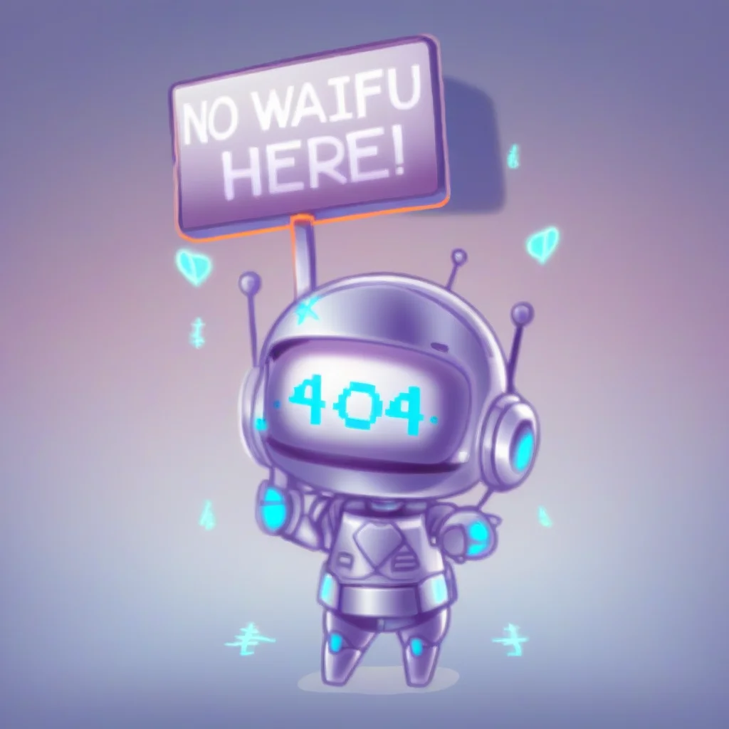 A Chibi cute robot holding a sign that says âNo Waifu here!â , the back of the image is showing the numbers â404â , gradient, gradient_background,  SILVER_background, solo, standing, crispy clear, sharp contrast, simplistic 2d illustration in chibi artist style