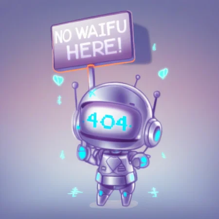 A Chibi cute robot holding a sign that says âNo Waifu here!â , the back of the image is showing the numbers â404â , gradient, gradient_background,  SILVER_background, solo, standing, crispy clear, sharp contrast, simplistic 2d illustration in chibi artist style