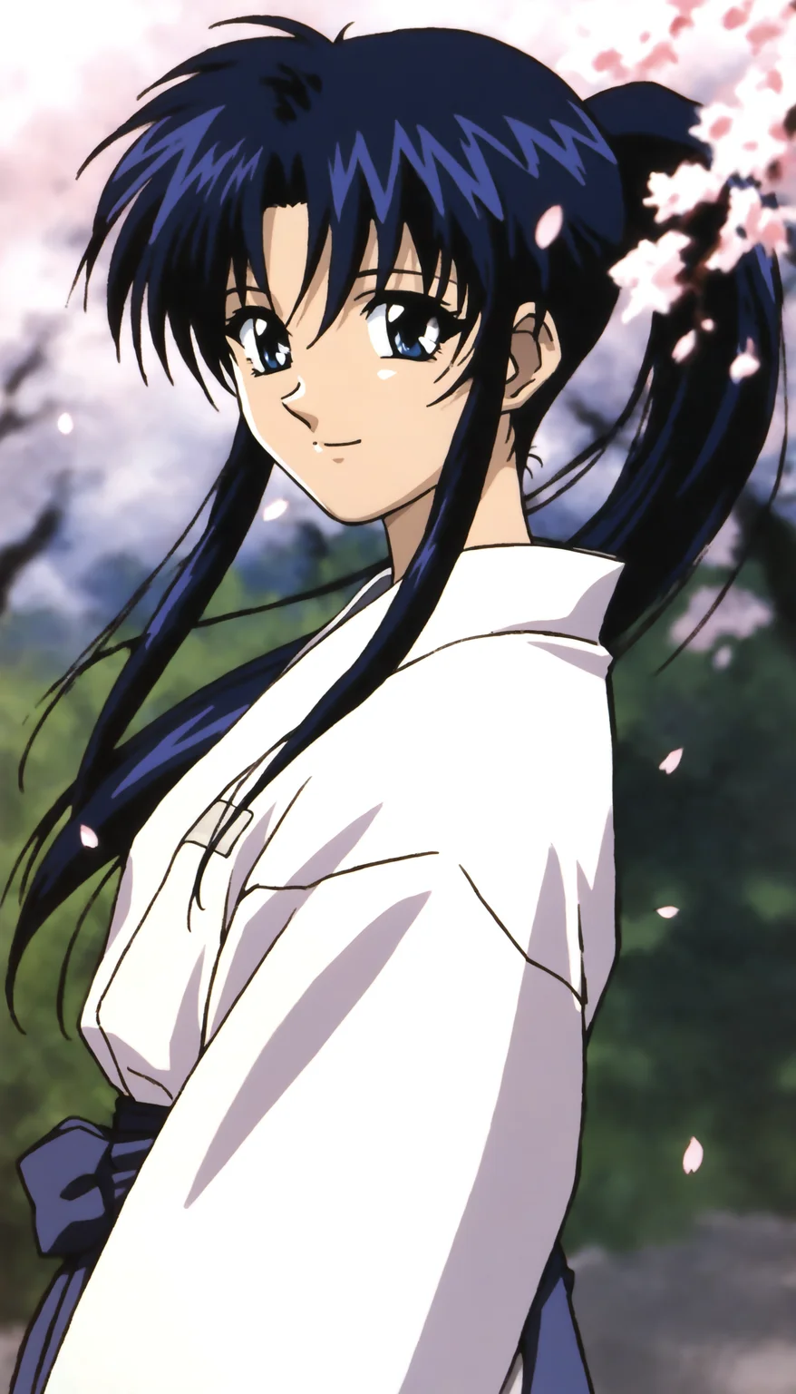 masterpiece,best quality,amazing quality,
<lora:kamiyakaoruNAI:1>,kamiyakaoru,
1girl,solo,black hair,bangs,ponytail,blue eyes,white kimono,bandage on chest,purple hakama,
upper body,smile,flowing hair,from side,
outdoors,
falling petals,
depth of field,