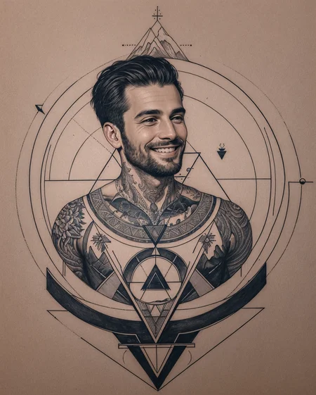 (portrait of a man, face, natural smile, side-view:1.3), <lora:wrenchgeometricgalore:0.8>tattoo, wrenchgeometricgalore, colorful-theme, geometric pattern, square, triangle, circle, mountains, trees, compass