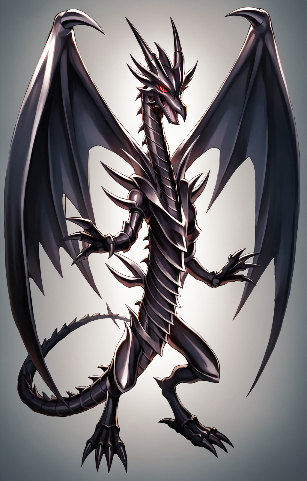 score_9, score_8_up, score_7_up,ultra high detail,8k,(yugioh arena in background), ultra high quality,ultra high resolution,ultra ,full body, seductive,(extremely detailed), detailed background,,(masterpiece, best quality, high quality, highres, ultra-detailed), standing,looking at viewer,,solo,single,scales,perfect eyes,perfect scales,perfect teeth,feral,menacing,close-up head,yugioh card, <lora:Red-eyes_black_dragon_Yugioh_r1:0.8> red-eyes black dragon, black skin, scales, dragon horns, red eyes, glowing eyes, sharp teeth, dragon tail, dragon wings, spread wings, facing viewer,brown framed card,