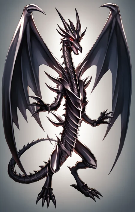 score_9, score_8_up, score_7_up,ultra high detail,8k,(yugioh arena in background), ultra high quality,ultra high resolution,ultra ,full body, seductive,(extremely detailed), detailed background,,(masterpiece, best quality, high quality, highres, ultra-detailed), standing,looking at viewer,,solo,single,scales,perfect eyes,perfect scales,perfect teeth,feral,menacing,close-up head,yugioh card, <lora:Red-eyes_black_dragon_Yugioh_r1:0.8> red-eyes black dragon, black skin, scales, dragon horns, red eyes, glowing eyes, sharp teeth, dragon tail, dragon wings, spread wings, facing viewer,brown framed card,