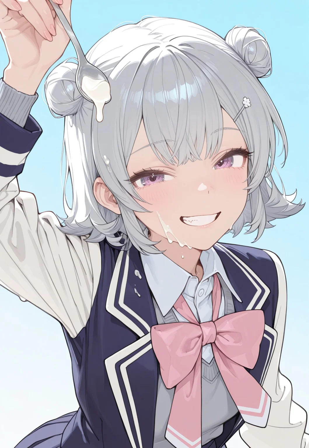 masterwork, masterpiece, best quality, very aesthetic, absurdres, newest, huge filesize, hires, highres, supper fine illustration, very awa, detailed, year 2024, 1girl, solo, detailed eyes, hdr, 
(koharu rikka), cevio, k_rikka, silver hair,purple eyes, double bun, r_clothes, collared shirt, pink bowtie, gray sweater, white sleeves, long_sleeves, blue jacket, blue skirt, (white socks:0.5), (pink footwear:0.5), jacket open, upper body, blue sky, smile, looking at viewer, dutch angle, suggestive fluid, yogurt, holding spoon, overflowing, grin, close-up, arm up, peeking out, 
colored sketch,traditional media, sketch, line style, simple background, 
