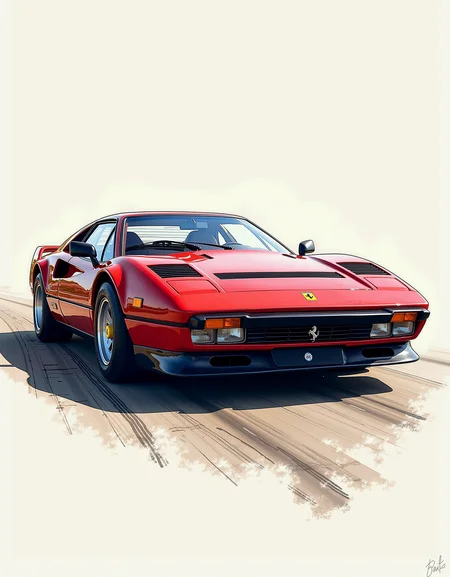 A beautiful fine sketching, legendary Group B rally cars poster featuring Ferrari 288 GTO B/12 close shot, official group b livery, detailed, (ink and wash style:0.99), shiny and reflective, style of retro automotive poster, best quality