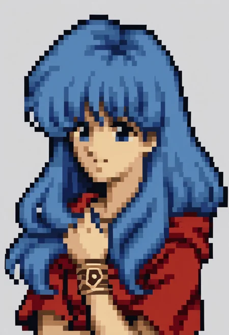 score_9, score_8_up, score_7_up, source_anime, 1girl, solo, smile,
<lora:zs_FE4PortraitsXL:1> fe4portraits, portrait, pixel art, white background
<lora:ysreah-pdxl-nvwls-v1-000005:1> reah, blue hair, long hair, blue eyes, red scarf, red cloak, red dress, bracelet