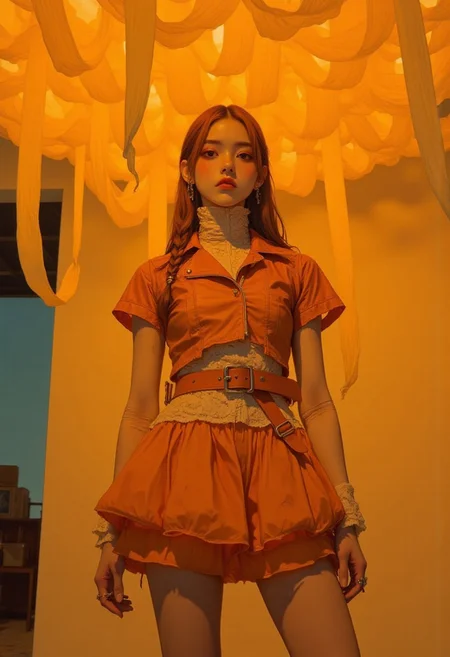 A young woman stands indoors, partially silhouetted by a surreal art installation composed of suspended fabric strips in glowing tones of translucent amber, honey, and soft gold. The structure undulates like molten light frozen mid-motion, suspended from the ceiling in layered curls that refract the ambient light into warm, shifting patterns. Positioned right of center, the woman wears an avant-garde ensemble: a sculptural, deconstructed jacket made of cracked ochre leather and pale ivory lace, with sharply angled shoulders and asymmetrical fastenings. Below, she wears an exaggerated puffed skirt of loosely layered organza dyed in uneven saffron washes, resembling wilted petals. Her copper-red hair is pinned in a loose, unwinding braid. She gazes forward with a stoic, unreadable expression. The background is a soft, matte sand-toned wall, highlighting the amber glow of the fabric. The atmosphere is meditative and tactile, merging elegance with raw, experimental fashion. (pingtu style, illustration-fen, niji, gothic, erotic, anime)