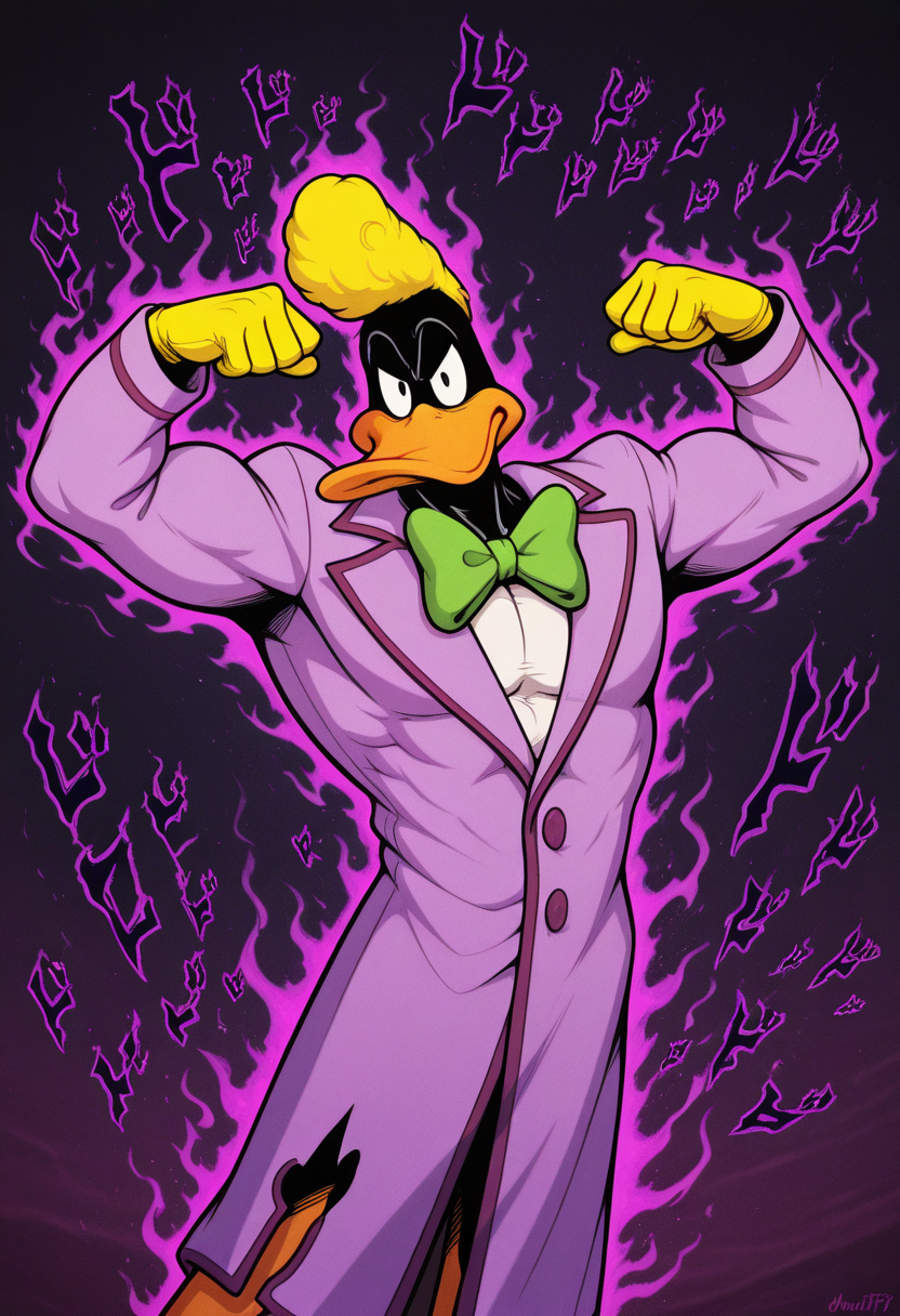 masterpiece, best quality, Graphic Design, color art, vibrant colors, colorful, intricate details, high contrast, detailed background, beautiful detailed, beautiful face, detailed eyes, detailed face, new, newest, z00td4ffy, 1boy, solo, male focus, furry, duck, black skin, beak, black eyes, yellow hair, pompadour, suit, formal, purple coat, yellow gloves, green bowtie, dynamic pose, menacing, purple aura, muscular, (torn clothes:1.4), flexing, shadow on face, faceless, dark, big pectorals, manly,