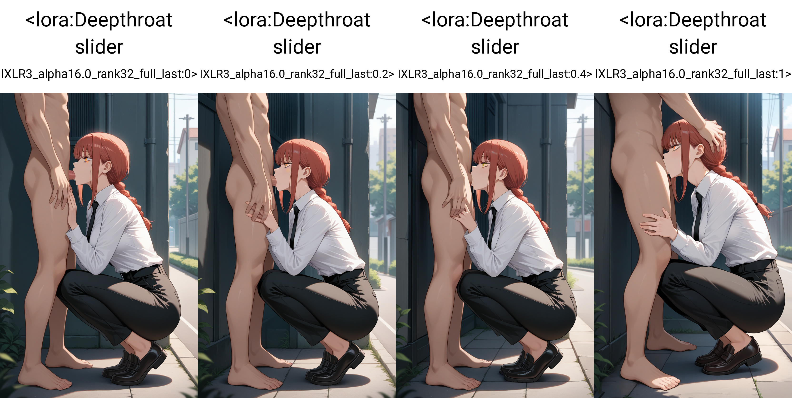 masterpiece, best quality, 1girl, 1boy, fellatio, squatting, from side, makima \(chainsaw man\), collared shirt, black pants, outdoors, clothed female nude male,   <lora:Deepthroat slider IXLR3_alpha16.0_rank32_full_last:0>