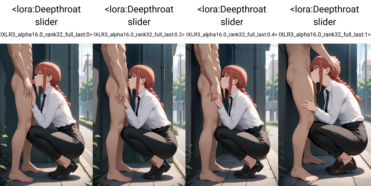 masterpiece, best quality, 1girl, 1boy, fellatio, squatting, from side, makima \(chainsaw man\), collared shirt, black pants, outdoors, clothed female nude male, <lora:Deepthroat slider IXLR3_alpha16.0_rank32_full_last:0>
