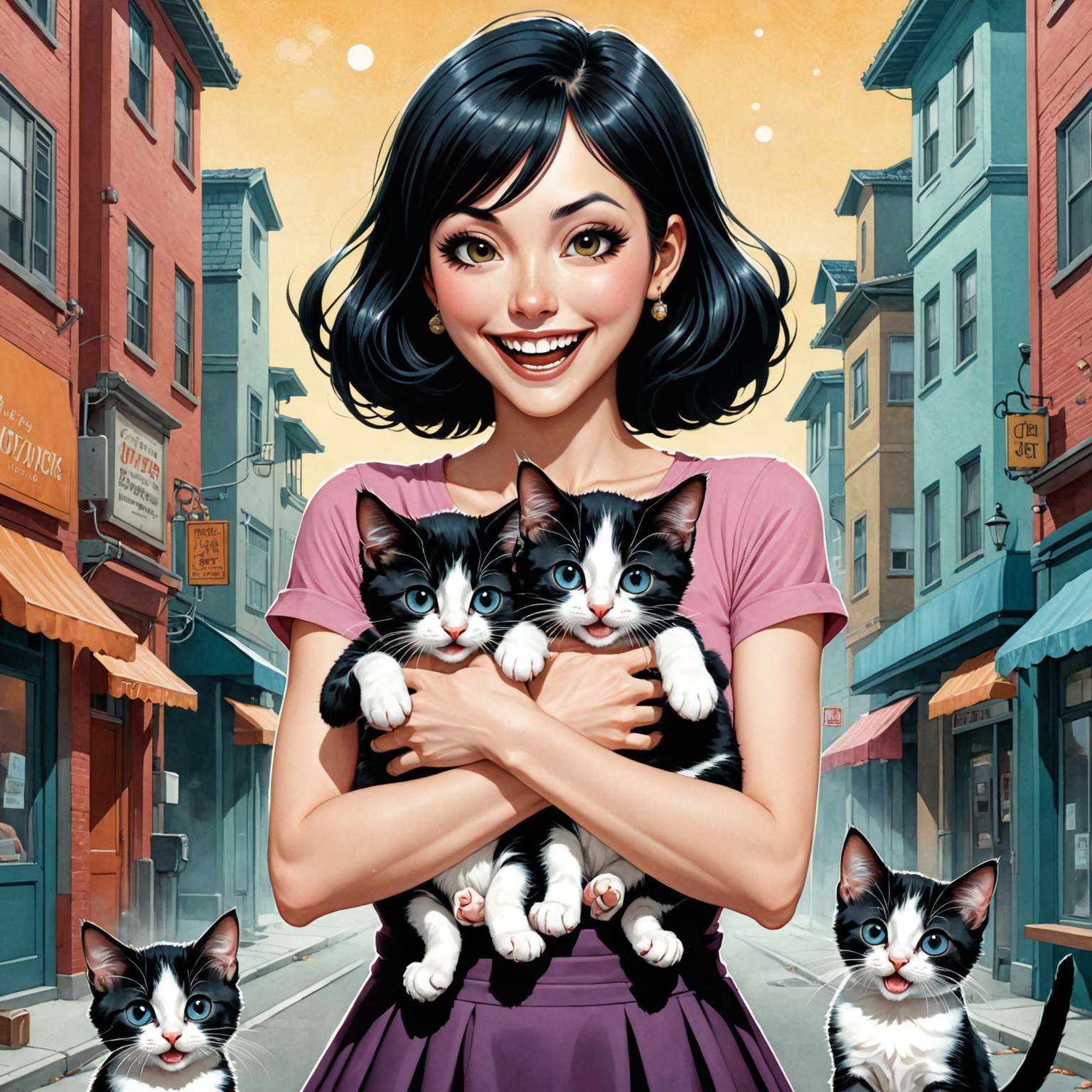cinematic painting  by (((Jeremiah Ketner) and  Harumi Hironaka) and John Salminen) and Alessandro Gottardo, cute woman holding two kittens, maniacal laughter <lora:maniacal_laughter:1.5> <lora:dual_pisols:1.25>,  <lora:more_art:0.20><lora:huge_anime_eyes:0.85><lora:attractive:0.75><lora:great_lighting:1.00><lora:aesthetic:0.85><lora:photorealistic_portrait:0.85><lora:clothing_slider:1.00><lora:RMSDXL_Enhance:0.35><lora:RMSDXL_Creative:0.35><lora:RMSDXL_Photo:0.45><lora:RMSDXL_Darkness_Cinema:0.50><lora:XDetail_heavy:0.45><lora:perfect_eyes:0.15><lora:perfect_hands:0.15><lora:midjourney:-0.15><lora:looking_at_viewer:0.75>