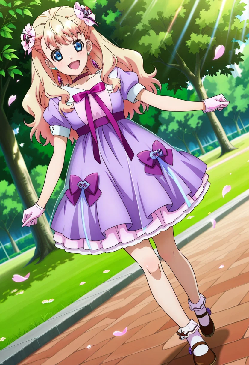park, trees, flowers, flower petals,
BREAK,
open smile, 
full body, dynamic angle,
looking at viewer,
BREAK,
<lora:sherylX_illustriousXL_v01:0.9>
sherylMini, blonde hair, long hair, gradient hair, blue eyes, hair flower, earrings, 
choker, purple choker, pink gloves,
short sleeves, purple bow, purple dress, translucent skirt, layered skirt, layered dress, 
ankle socks, brown mary janes, flower shoes,  frilly socks, source_anime, very aesthetic, anime coloring, masterpiece, 
best quality, amazing quality, ultra detailed, very aesthetic, 
detailed background, 
BREAK,