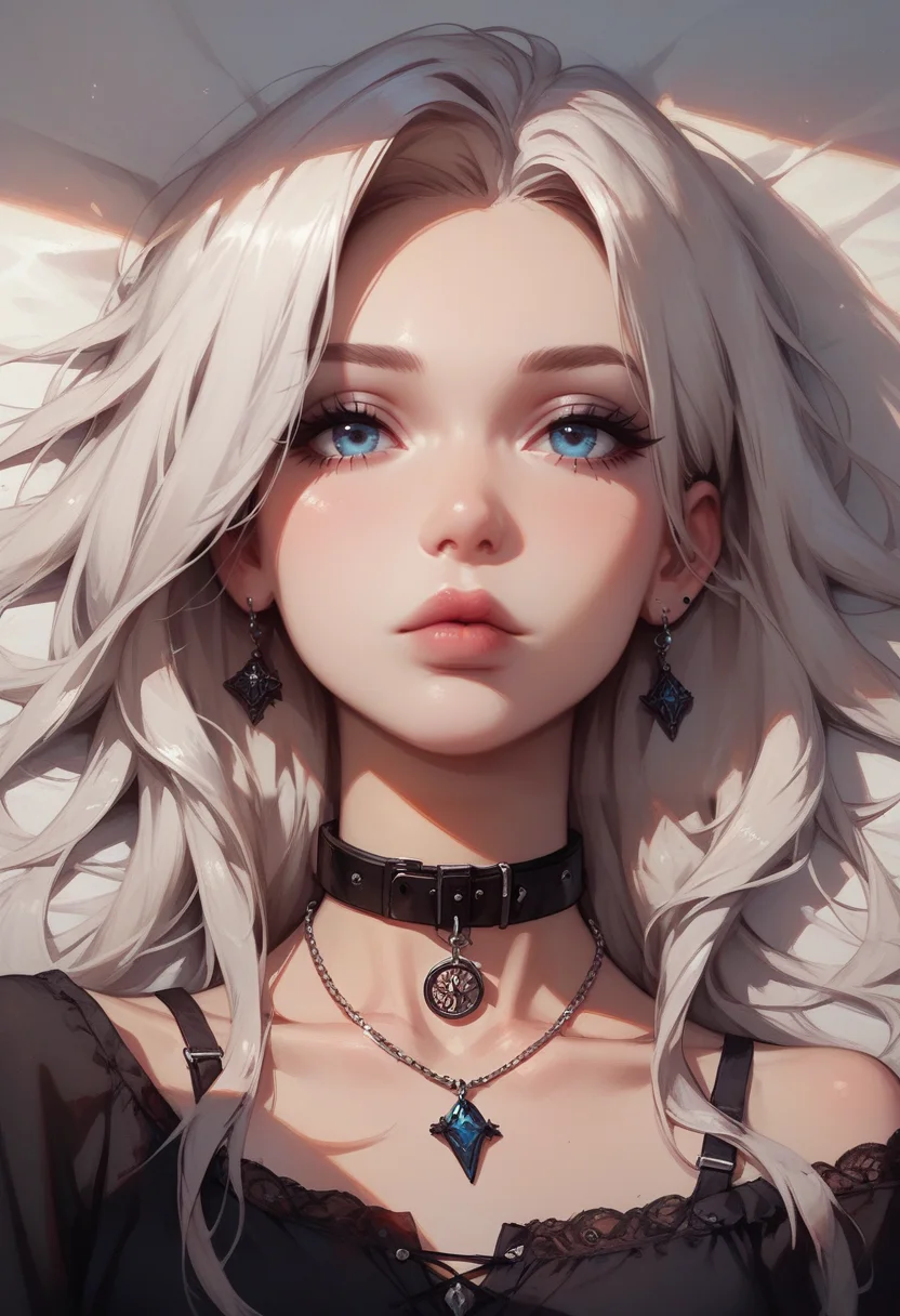 score_9, score_8_up, score_7_up, Goth girl, goth girl 1girl, 1girl,solo,long hair,looking at viewer,blue eyes,jewelry,collarbone,white hair,grey hair,lying,parted lips,choker,necklace,collar,shadow,black choker,portrait,close-up, <lora:[GP] somethingweird [Pony XL]:0.2>, <lora:g0th1cPXL:0.3>, <lora:Concept Art Twilight Style SDXL_LoRA_Pony Diffusion V6 XL:0.8>,  <lora:Goth_girl_XL-v2:0.8>
