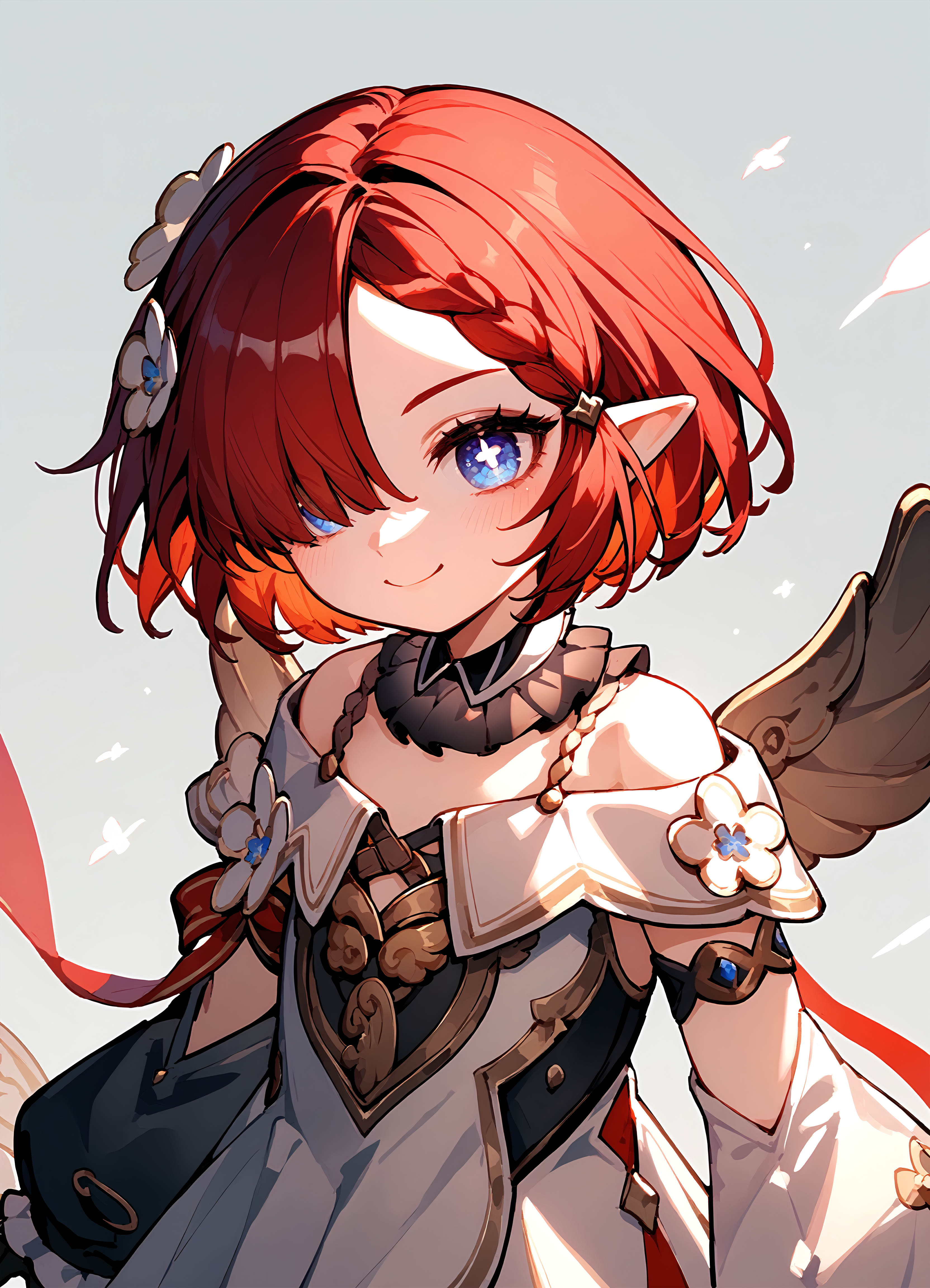 (score_9, score_8_up, score_7_up), 1girl, trianne, hair over one eye, wings, detached collar, puffy long sleeves, black gloves, smile,, simple background, <lora:tribbie-hsrPO-v1:0.9>