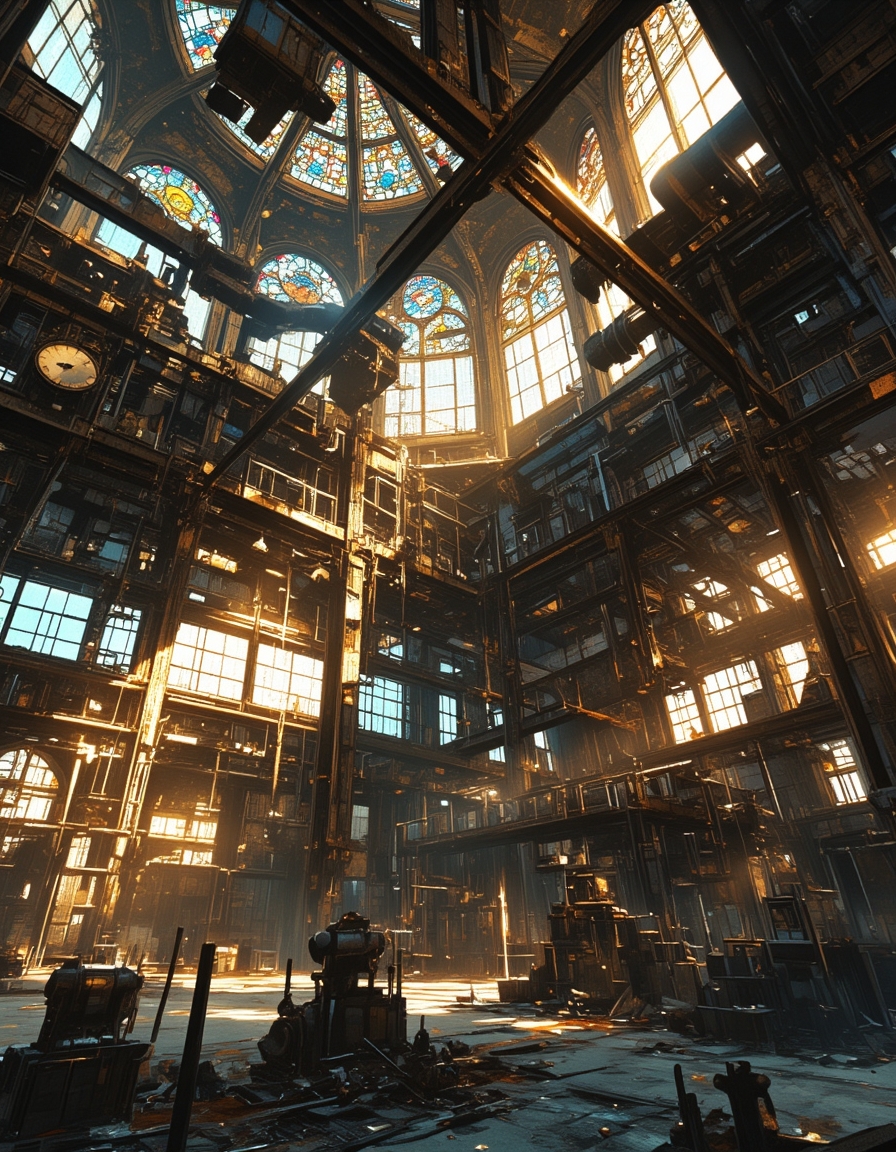 <lora:CW02_Lost_indusin:1> japanese animation style, cw02lost, indoors, abandoned, factory, industrial, broken machinery, pipes, rust, decay, grunge, metal, dust, derelict, structure, steel, ducts, graffiti, worn, ventilation, urban, corrosion, sunlight, broken ceiling, sunlight, sunset, wet, flooded, stained glass, dome, ornate, architecture, ceiling, art nouveau, golden, intricate, luxury, symmetry, historic, decorative, classic design, glasswork, grandeur, cathedral-like, craftsmanship, vintage, majestic. baroque, industrial, steampunk, vintage clock, ornate, roman numerals, wrought iron, station clock, hanging, antique,